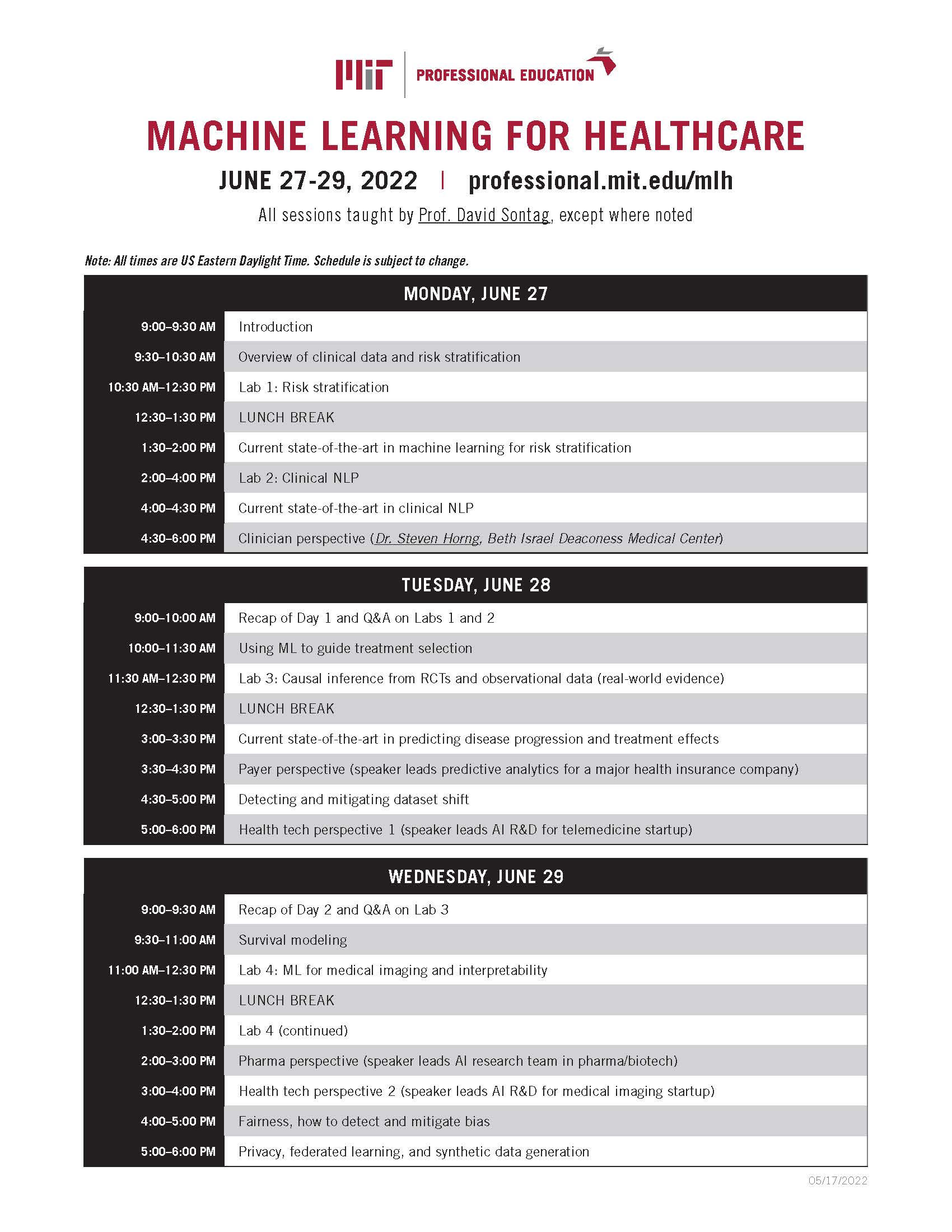 MIT Machine Learning for Healthcare course schedule - 2022